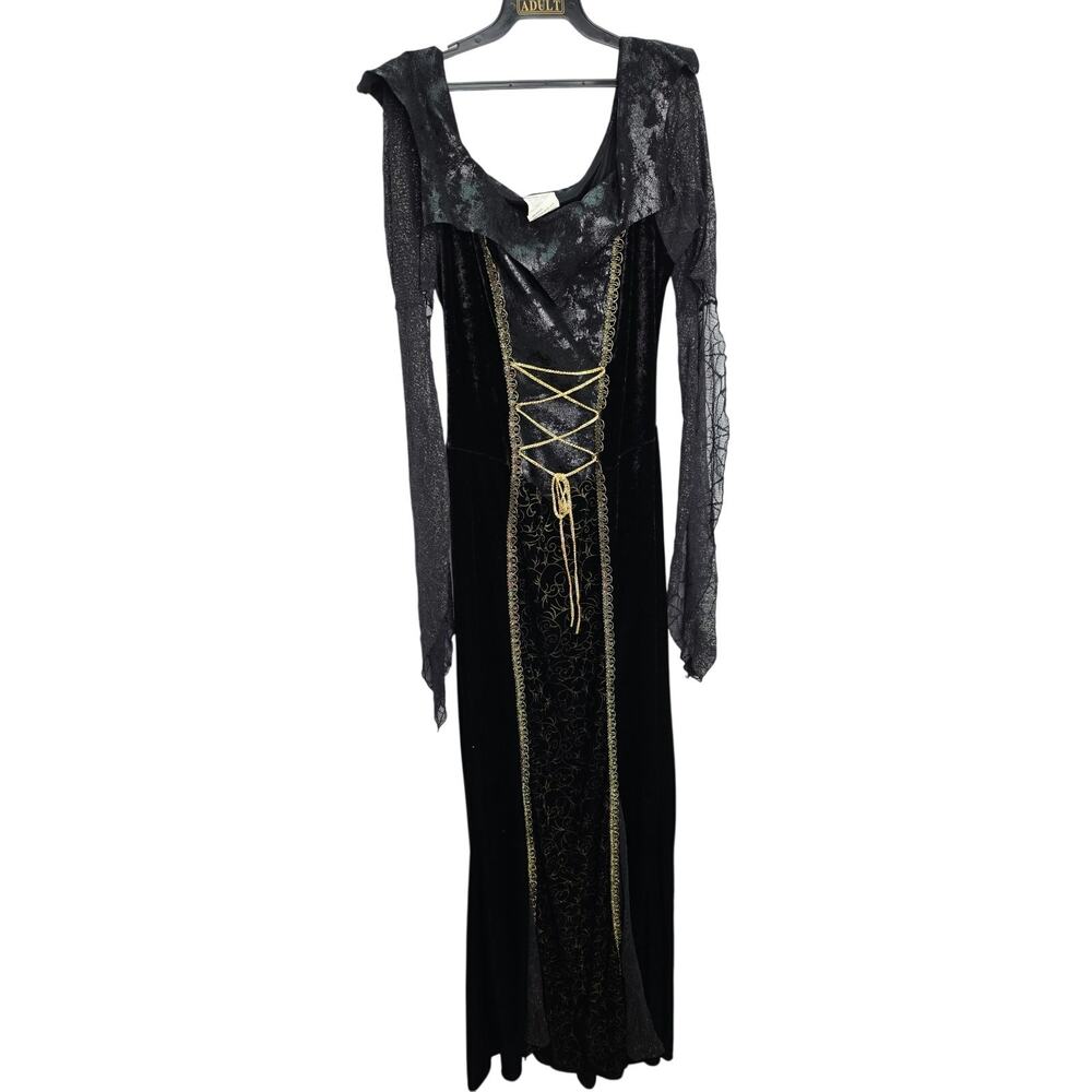 Gothic Countess Vampire  Witch Halloween Costume Dress Black Lace Web Sleeves